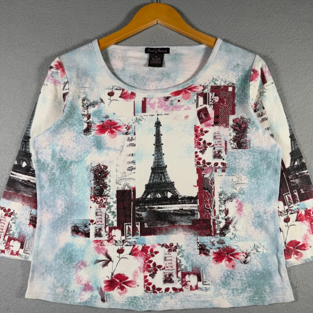 French Postcards Eiffel Tower Paris Graphic Rhinestone Top Blue White Red Med